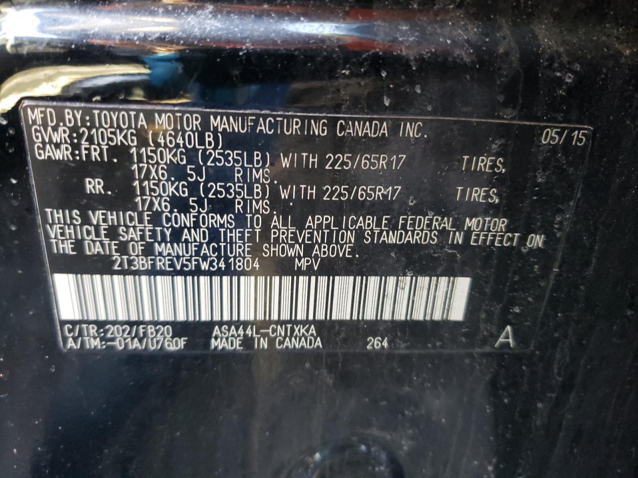 Photo 10 from auction – 2015 TOYOTA RAV4 LE with VIN 2T3BFREV5FW341804