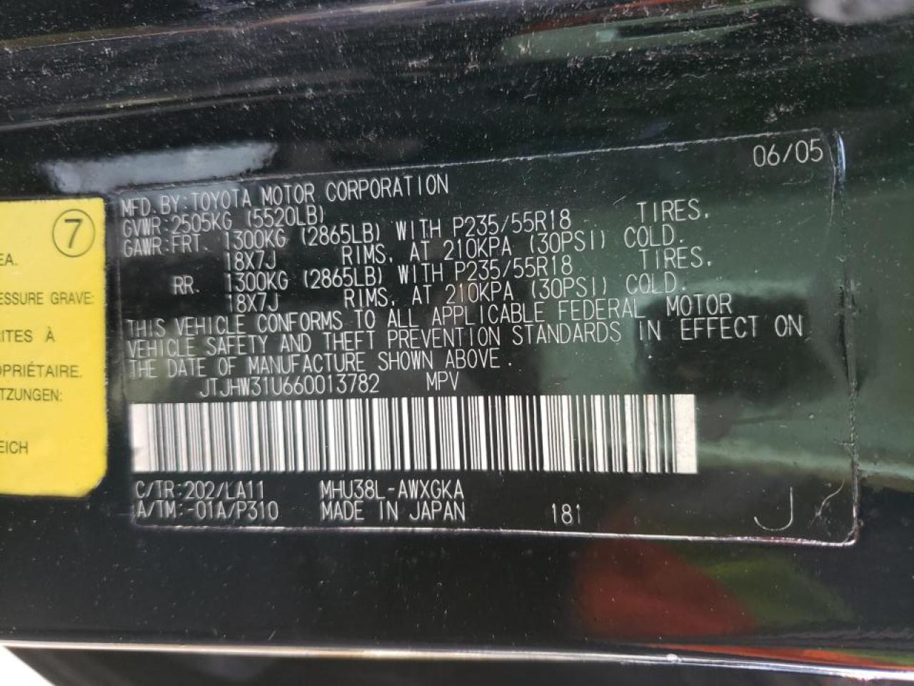 Photo 10 from auction – 2006 LEXUS RX 400 with VIN JTJHW31U660013782