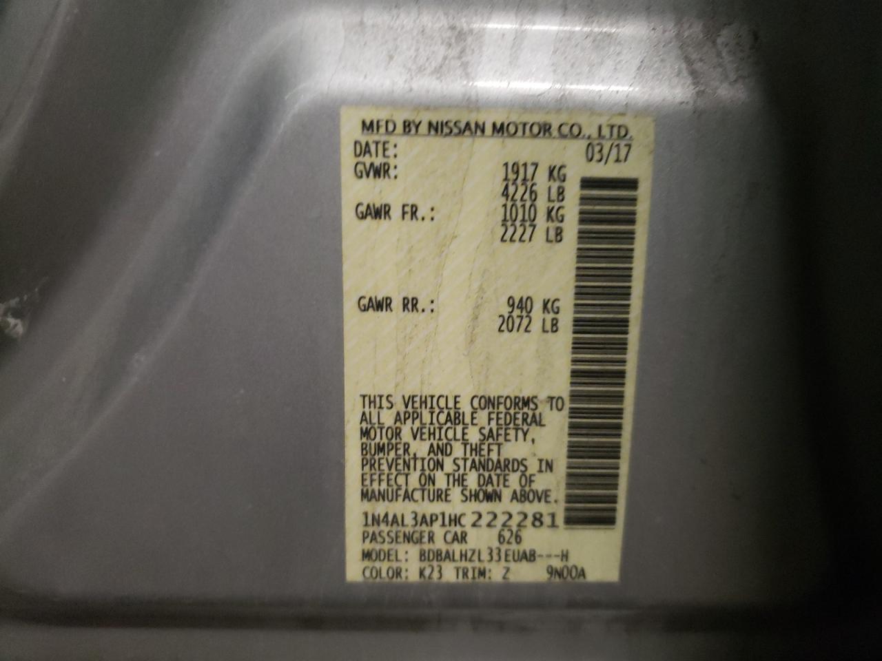 Photo 10 from auction – 2017 NISSAN ALTIMA 2.5 with VIN 1N4AL3AP1HC222281