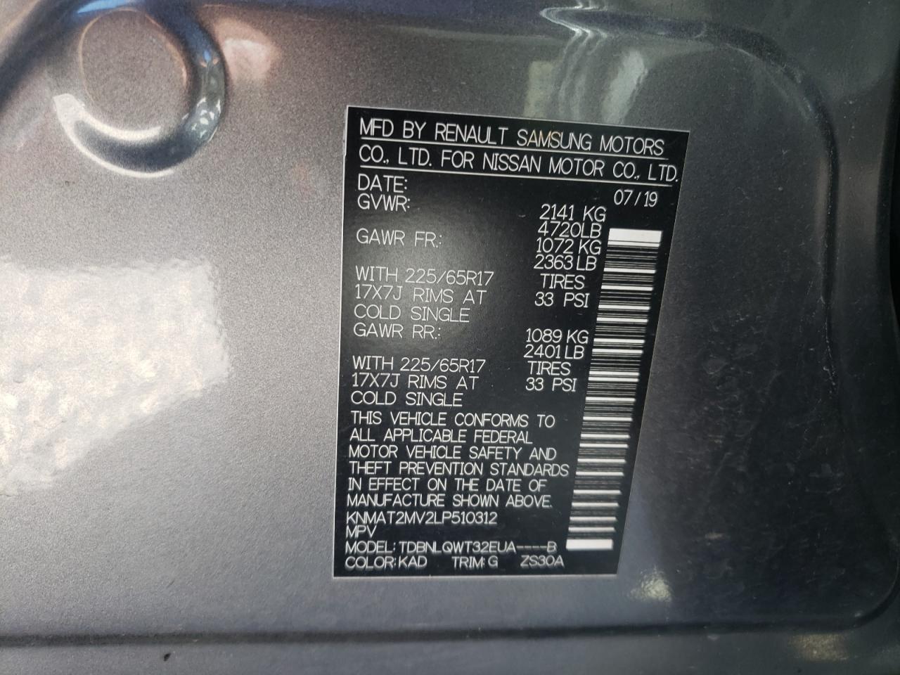 Photo 10 from auction – 2020 NISSAN ROGUE S with VIN KNMAT2MV2LP510312