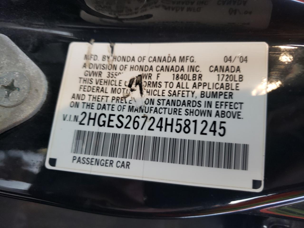 Photo 10 from auction – 2004 HONDA CIVIC with VIN 2HGES26724H581245
