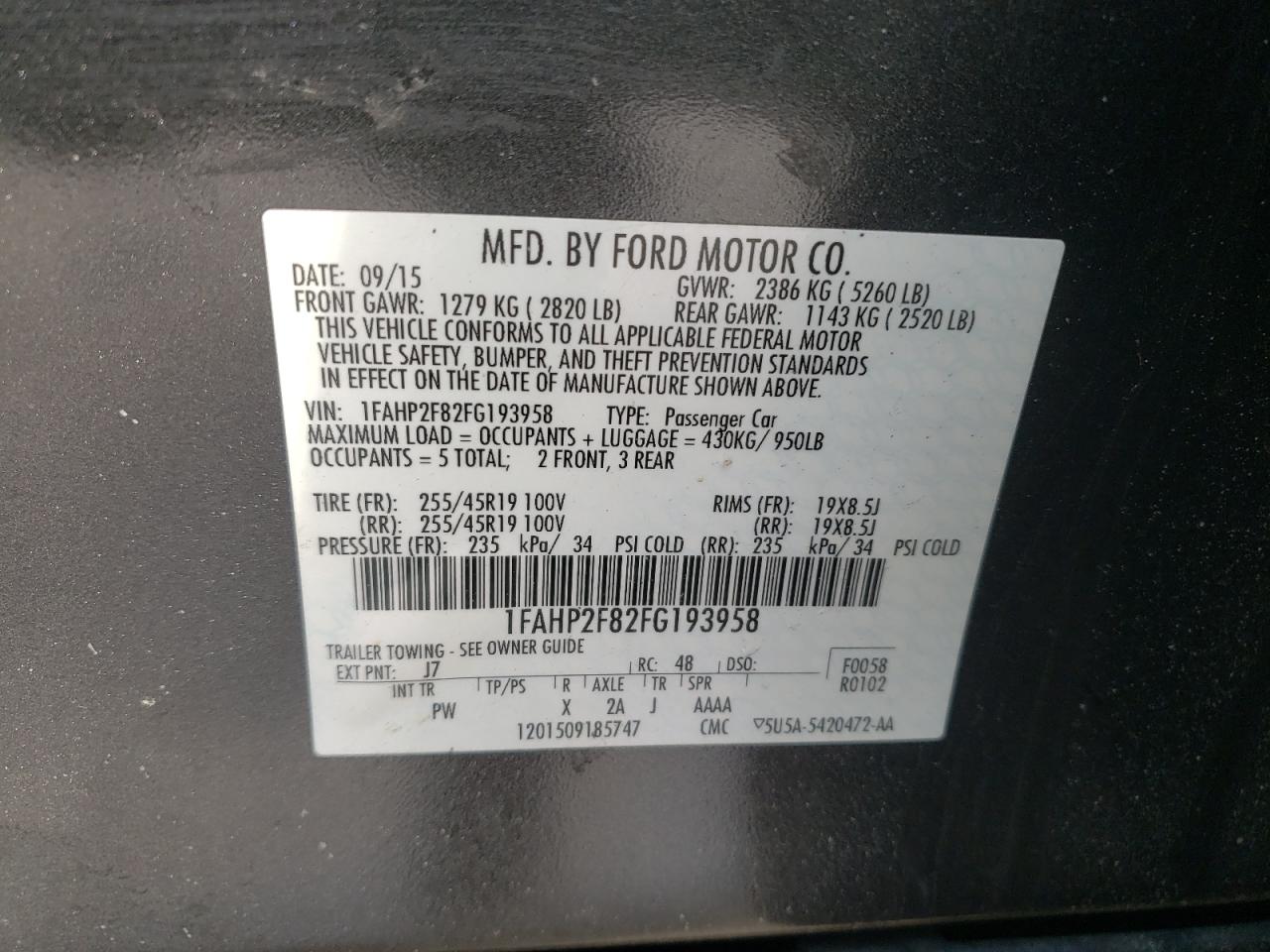 Photo 10 from auction – 2015 FORD TAURUS LIM with VIN 1FAHP2F82FG193958