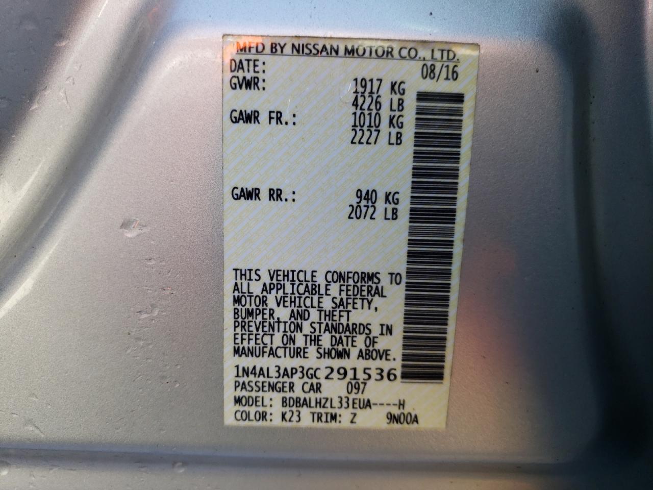 Photo 10 from auction – 2016 NISSAN ALTIMA 2.5 with VIN 1N4AL3AP3GC291536