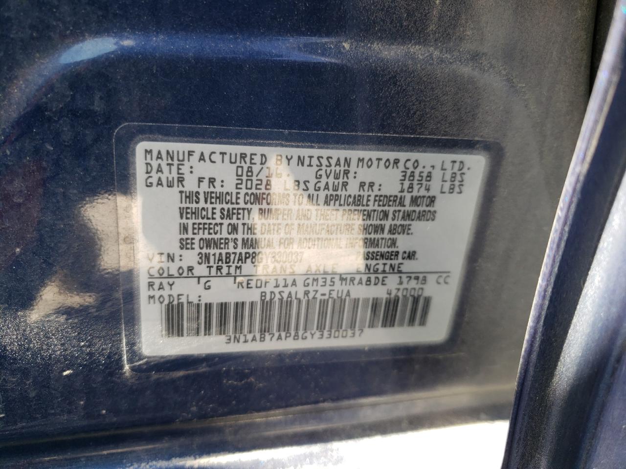 Photo 10 from auction – 2016 NISSAN SENTRA S with VIN 3N1AB7AP8GY330037