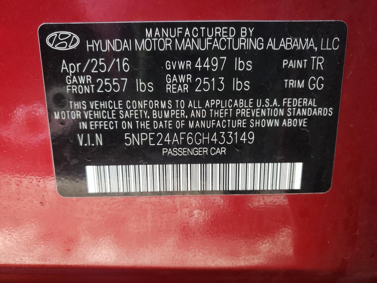 Photo 10 from auction – 2016 HYUNDAI SONATA SE with VIN 5NPE24AF6GH433149