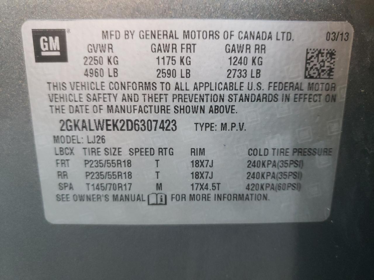 Photo 11 from auction – 2013 GMC TERRAIN SL with VIN 2GKALWEK2D6307423