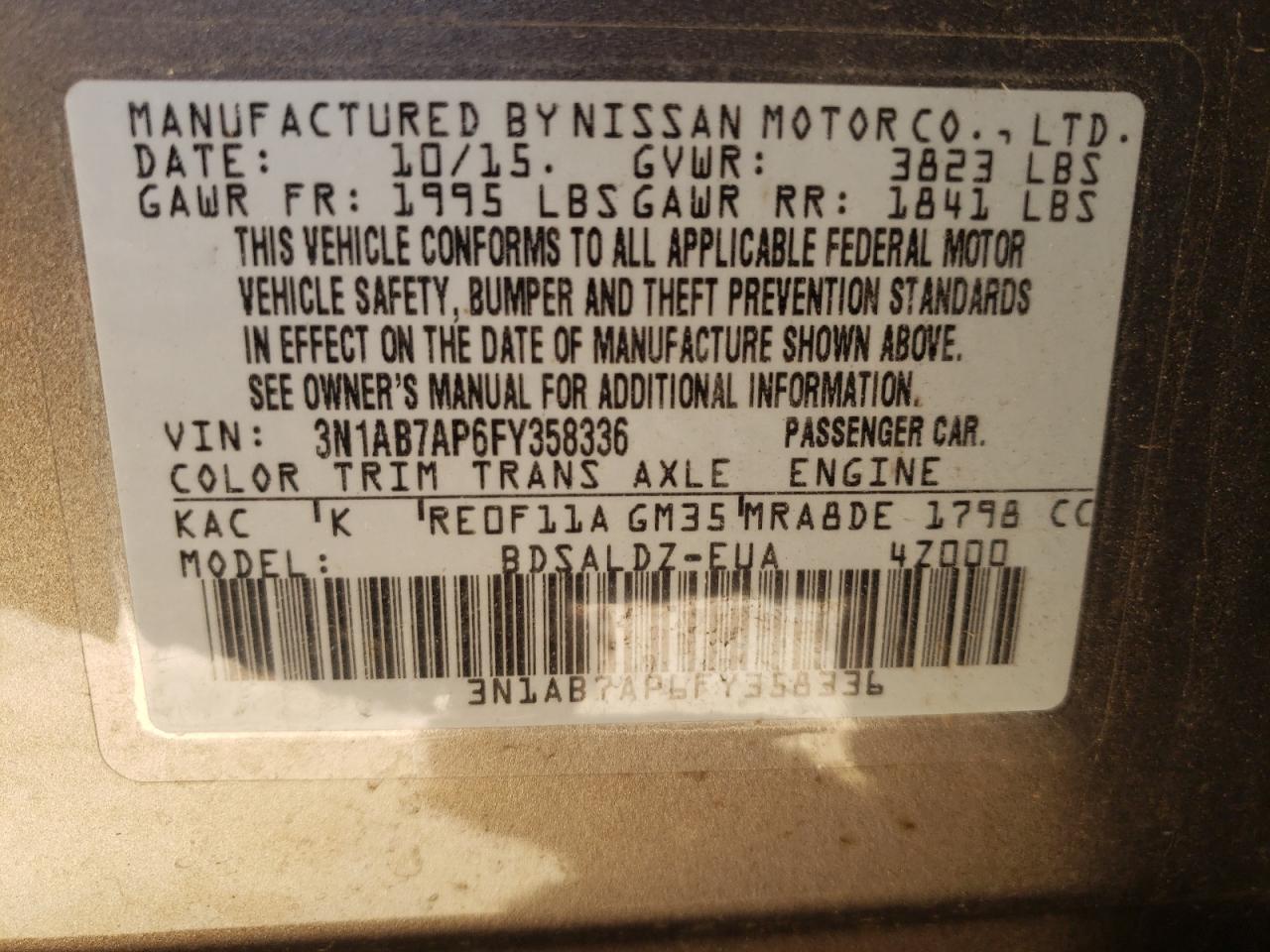 Photo 10 from auction – 2015 NISSAN SENTRA S with VIN 3N1AB7AP6FY358336
