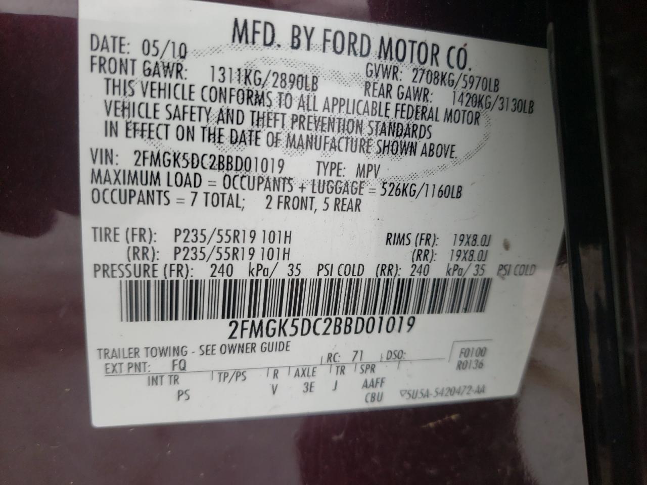 Photo 10 from auction – 2011 FORD FLEX LIMIT with VIN 2FMGK5DC2BBD01019