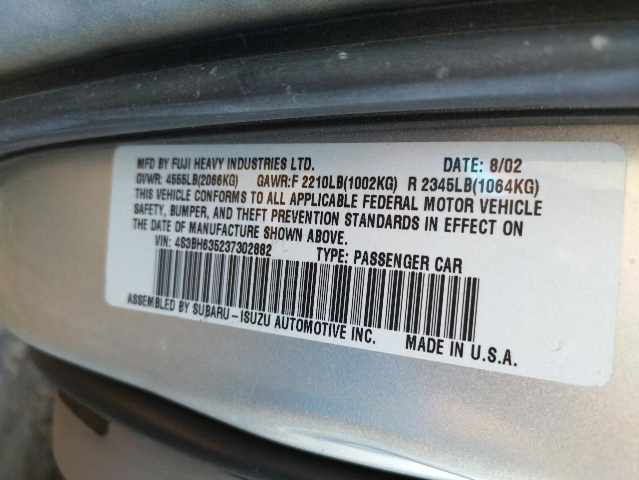 Photo 10 from auction – 2003 SUBARU LEGACY L with VIN 4S3BH635237302882