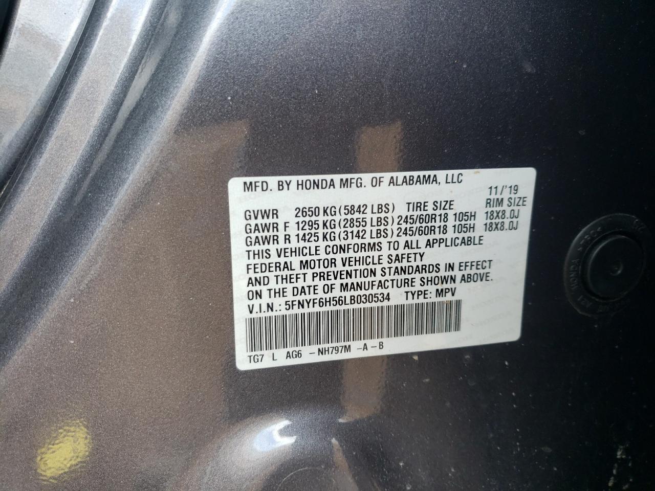 Photo 10 from auction – 2020 HONDA PILOT EXL with VIN 5FNYF6H56LB030534