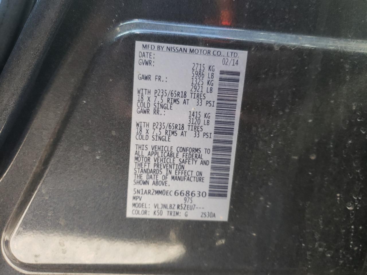 Photo 10 from auction – 2014 NISSAN PATHFINDER with VIN 5N1AR2MM0EC668630