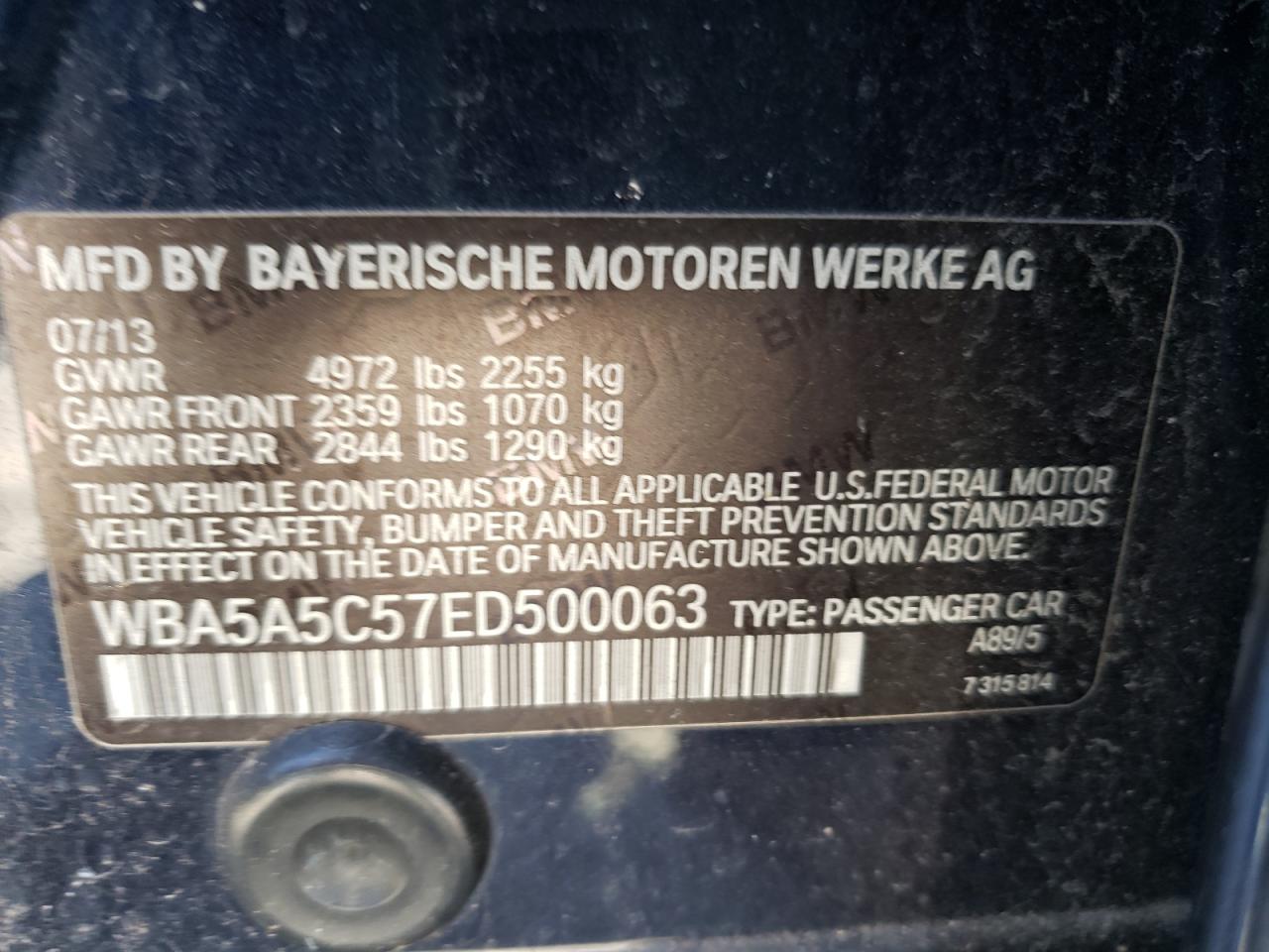 Photo 10 from auction – 2014 BMW 528 I with VIN WBA5A5C57ED500063