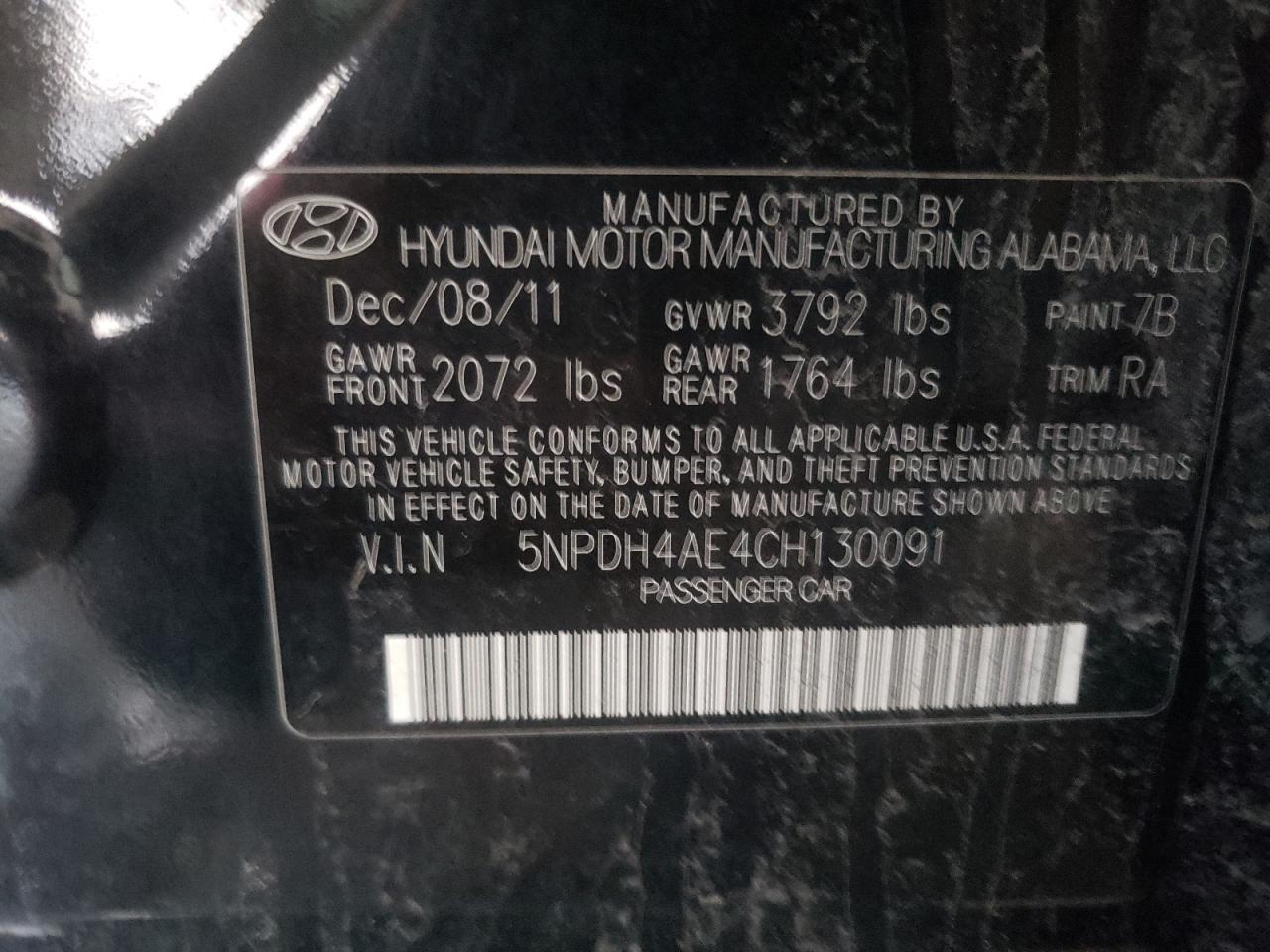 Photo 10 from auction – 2012 HYUNDAI ELANTRA GL with VIN 5NPDH4AE4CH130091