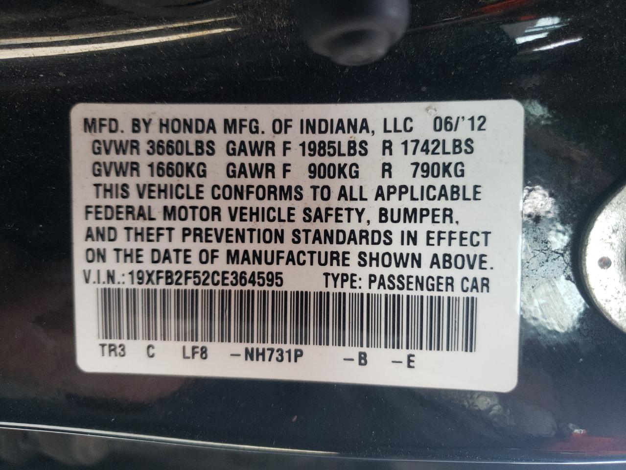 Foto 10 de la subasta – 2012 HONDA CIVIC LX con VIN 19XFB2F52CE364595