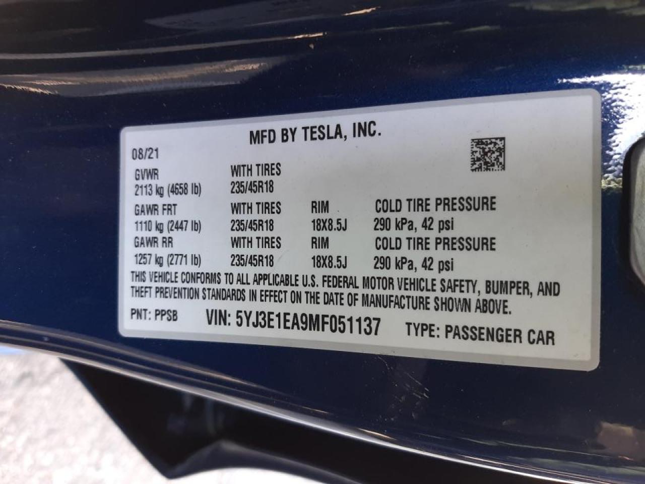 Photo 10 from auction – 2021 TESLA MODEL 3 with VIN 5YJ3E1EA9MF051137