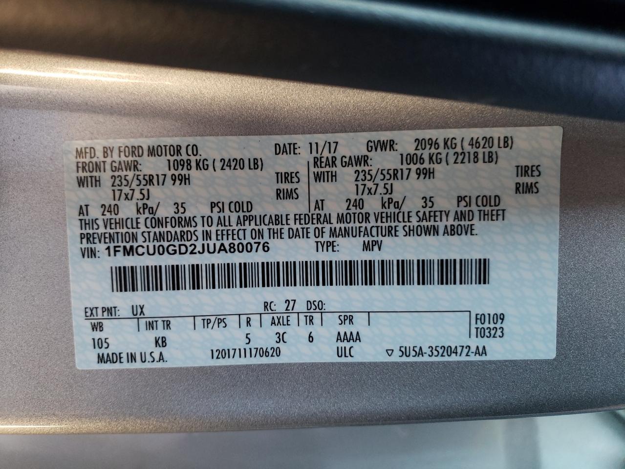 Photo 10 from auction – 2018 FORD ESCAPE SE with VIN 1FMCU0GD2JUA80076