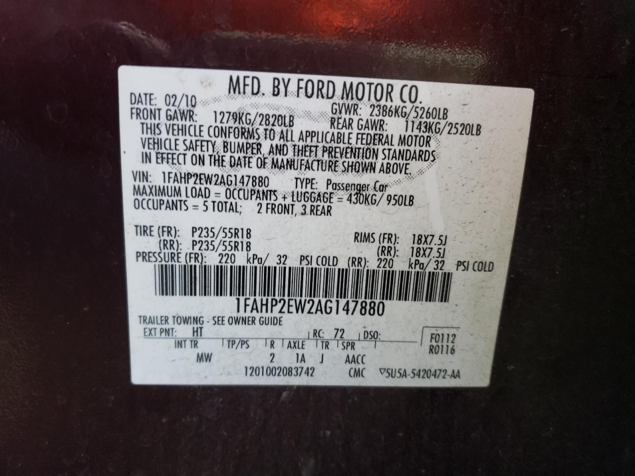 Photo 10 from auction – 2010 FORD TAURUS SEL with VIN 1FAHP2EW2AG147880