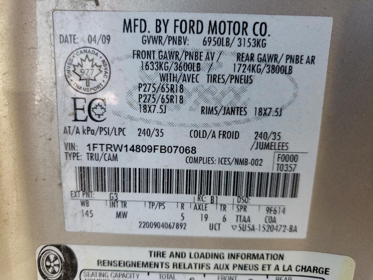 Photo 10 from auction – 2009 FORD F150 SUPER with VIN 1FTRW14809FB07068