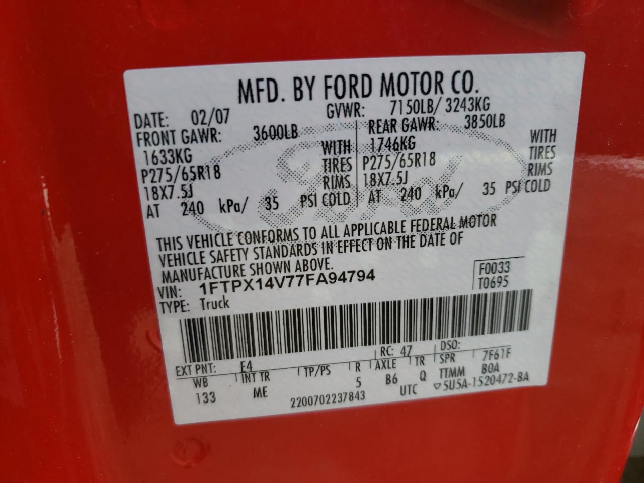 Photo 10 from auction – 2007 FORD F150 with VIN 1FTPX14V77FA94794