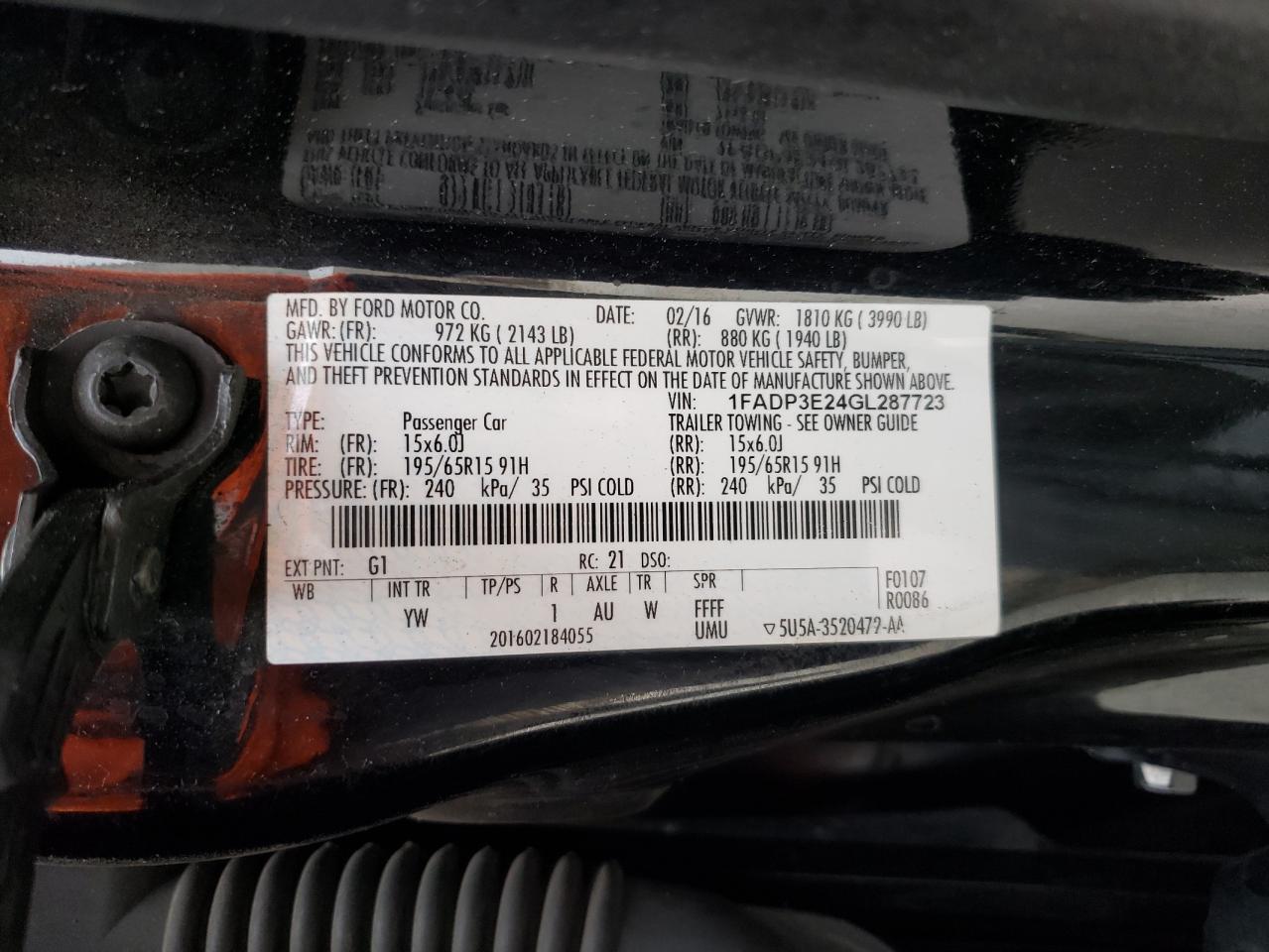 Photo 10 from auction – 2016 FORD FOCUS S with VIN 1FADP3E24GL287723