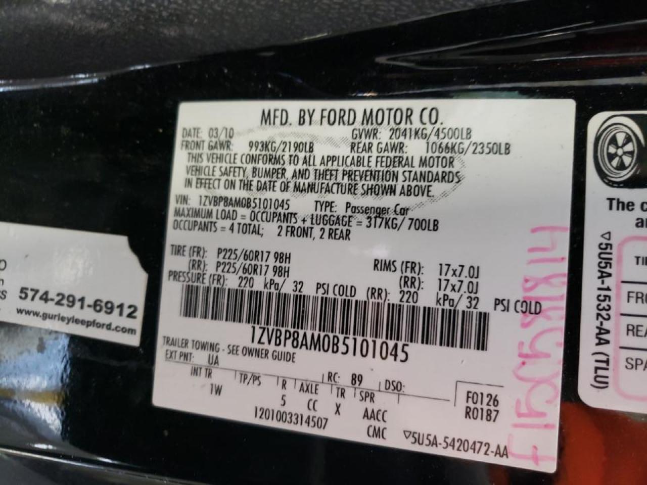 Photo 10 from auction – 2011 FORD MUSTANG with VIN 1ZVBP8AM0B5101045