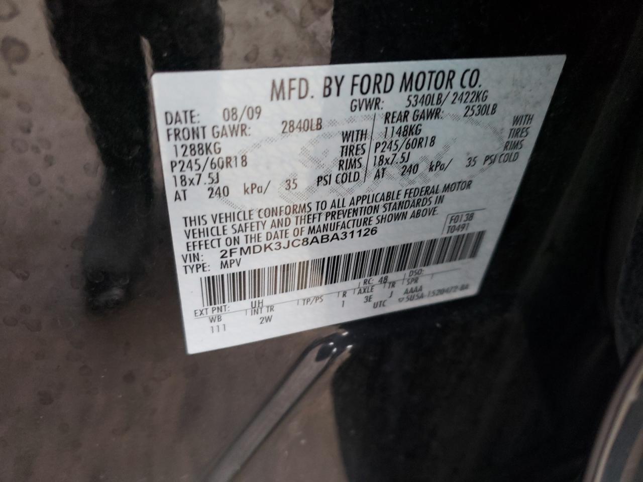 Photo 10 from auction – 2010 FORD EDGE SEL with VIN 2FMDK3JC8ABA31126