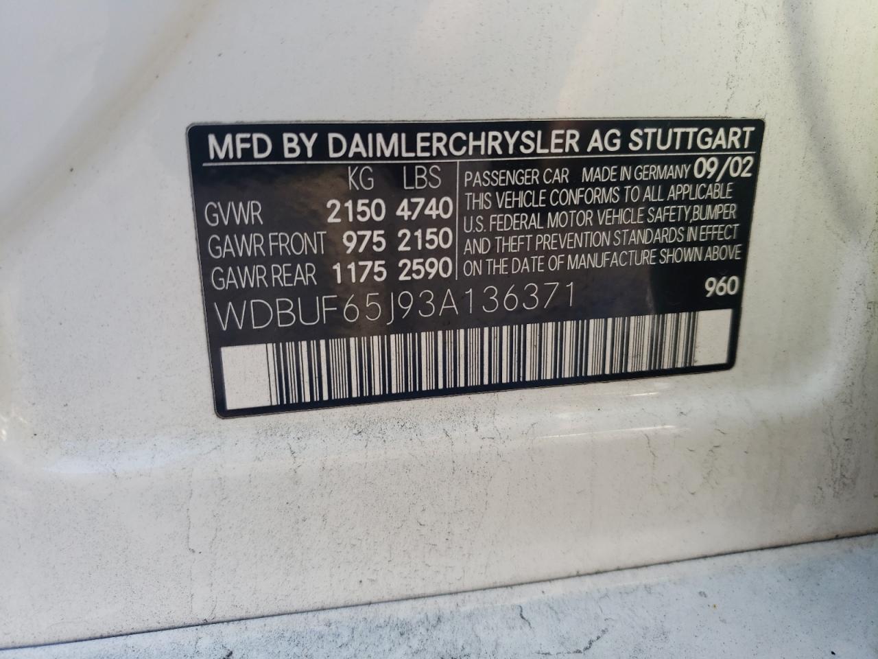 Photo 10 from auction – 2003 MERCEDES-BENZ E 320 with VIN WDBUF65J93A136371