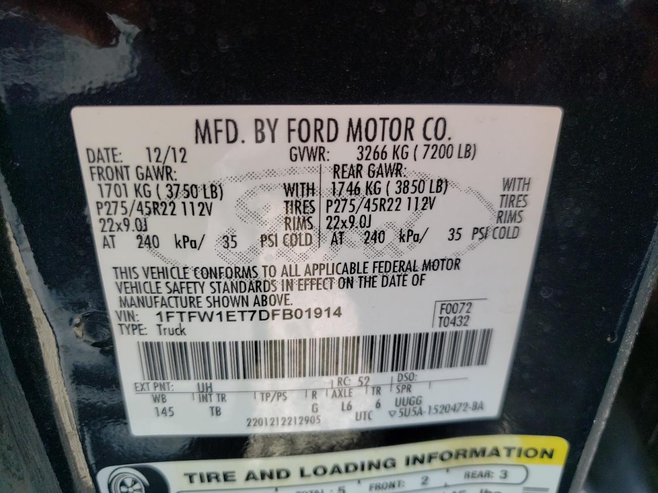 Photo 10 from auction – 2013 FORD F150 SUPER with VIN 1FTFW1ET7DFB01914