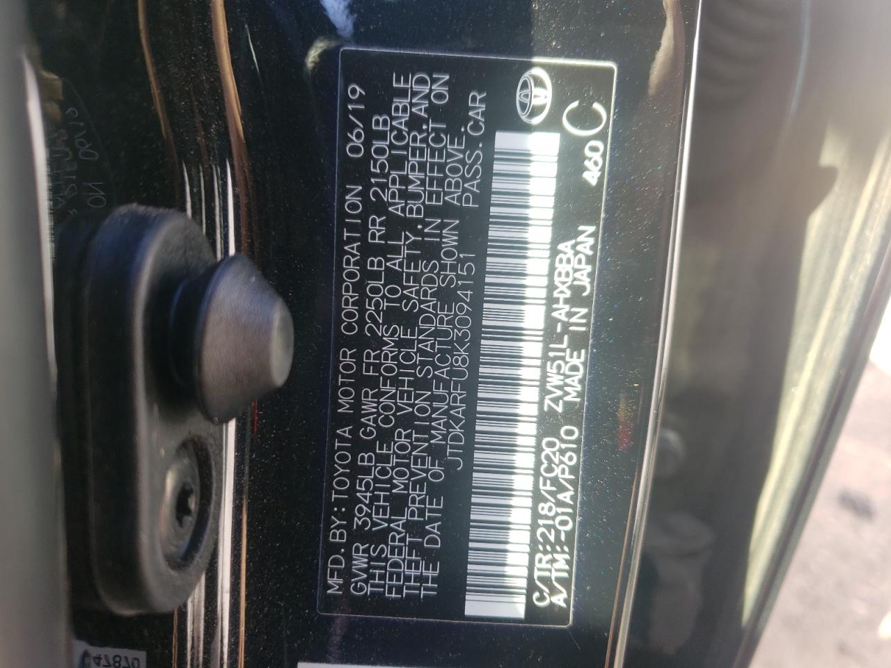 Photo 10 from auction – 2019 TOYOTA PRIUS with VIN JTDKARFU8K3094151