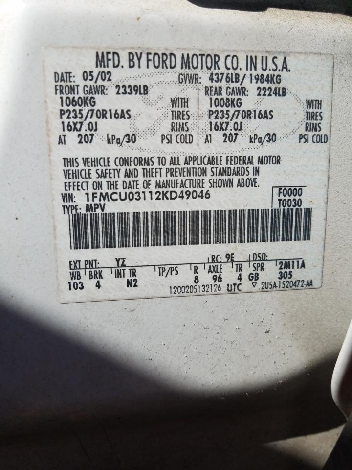 Photo 10 from auction – 2002 FORD ESCAPE XLT with VIN 1FMCU03112KD49046