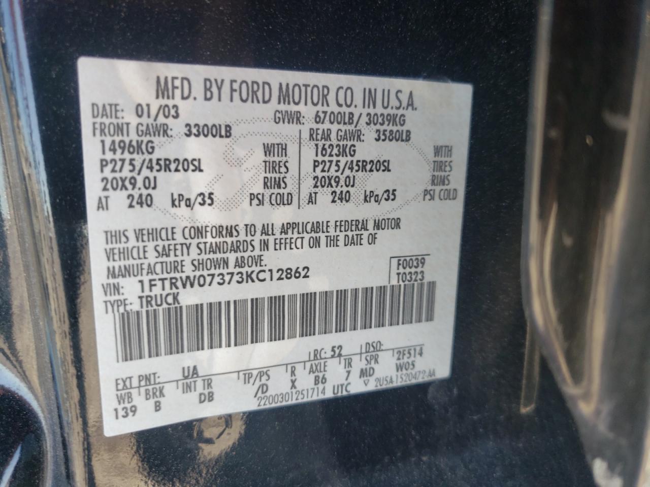 Photo 10 from auction – 2003 FORD F150 SUPER with VIN 1FTRW07373KC12862