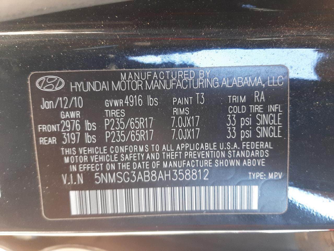 Photo 10 from auction – 2010 HYUNDAI SANTA FE G with VIN 5NMSG3AB8AH358812