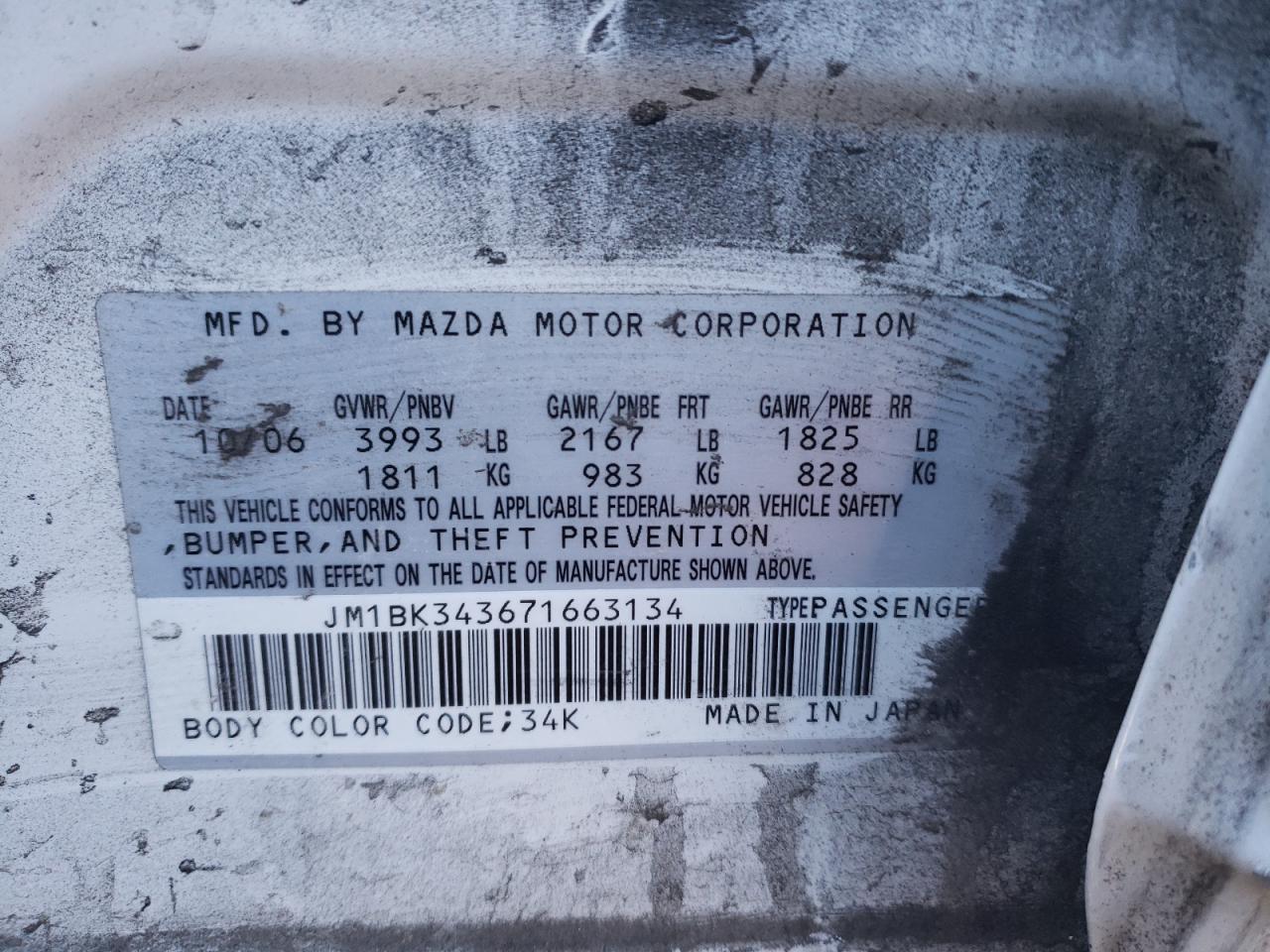Photo 10 from auction – 2007 MAZDA 3 HATCHBAC with VIN JM1BK343671663134