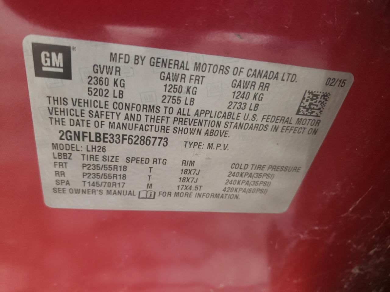Photo 10 from auction – 2015 CHEVROLET EQUINOX LT with VIN 2GNFLBE33F6286773