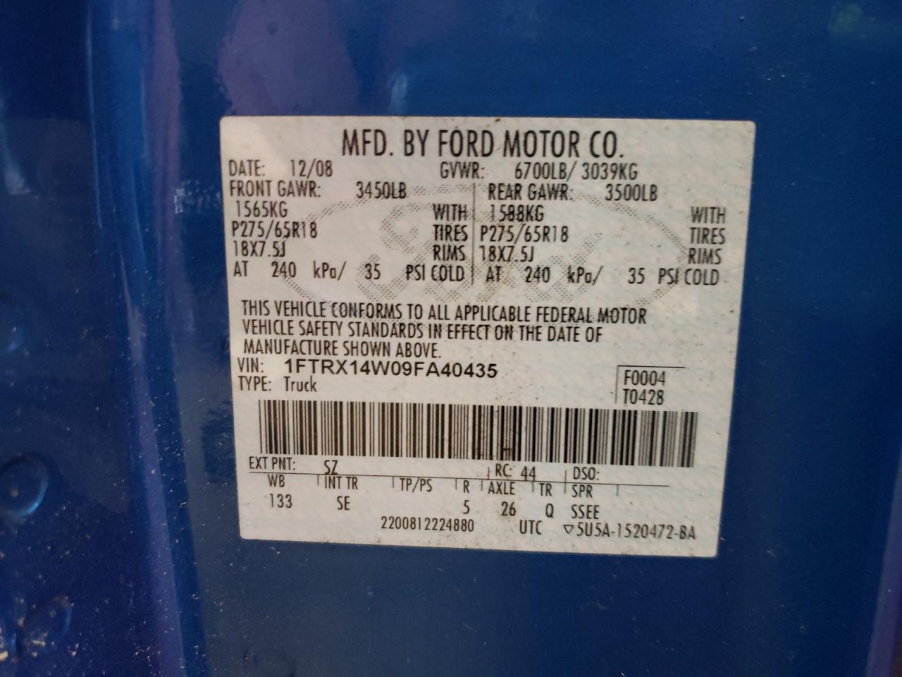 Photo 10 from auction – 2009 FORD F150 SUPER with VIN 1FTRX14W09FA40435