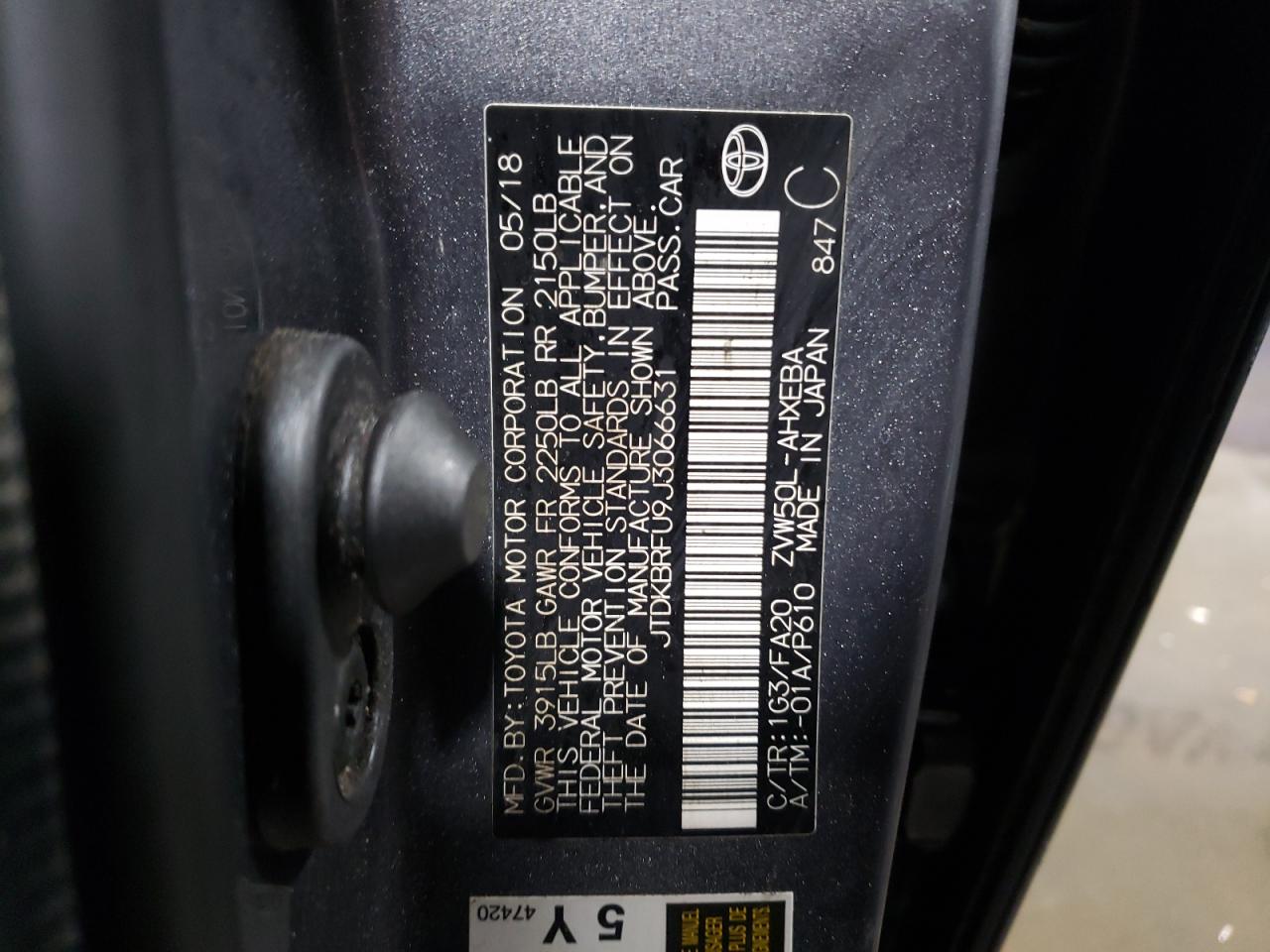 Photo 10 from auction – 2018 TOYOTA PRIUS with VIN JTDKBRFU9J3066631