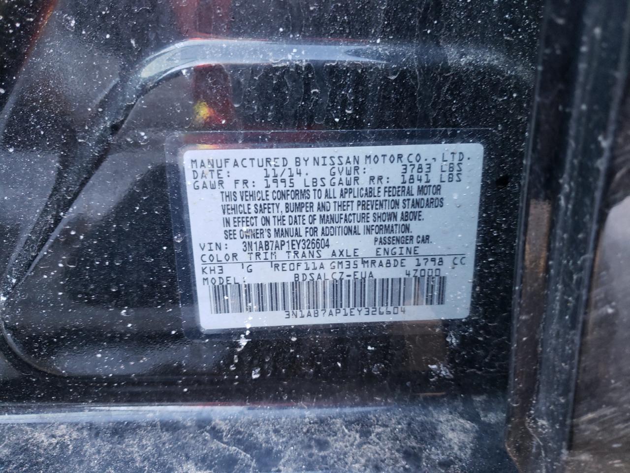 Photo 10 from auction – 2014 NISSAN SENTRA S with VIN 3N1AB7AP1EY326604