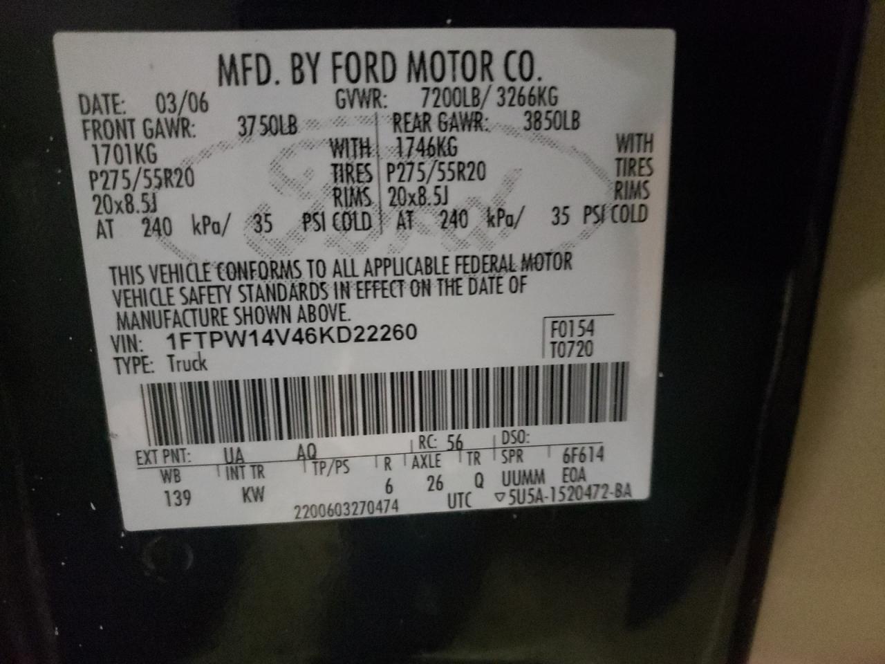 Photo 10 from auction – 2006 FORD F150 SUPER with VIN 1FTPW14V46KD22260