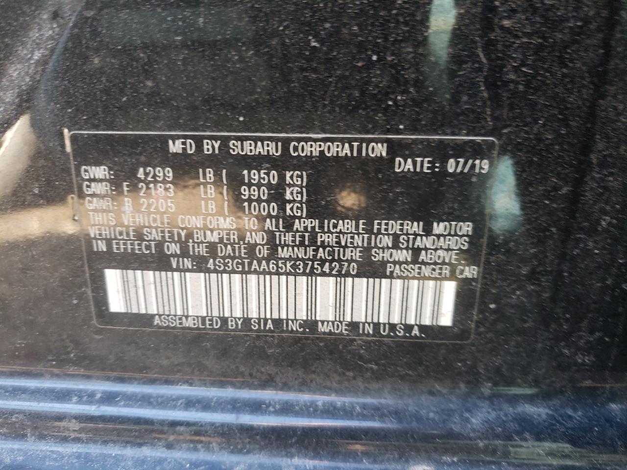 Фото 10 с аукциона – 2019 SUBARU IMPREZA с VIN 4S3GTAA65K3754270