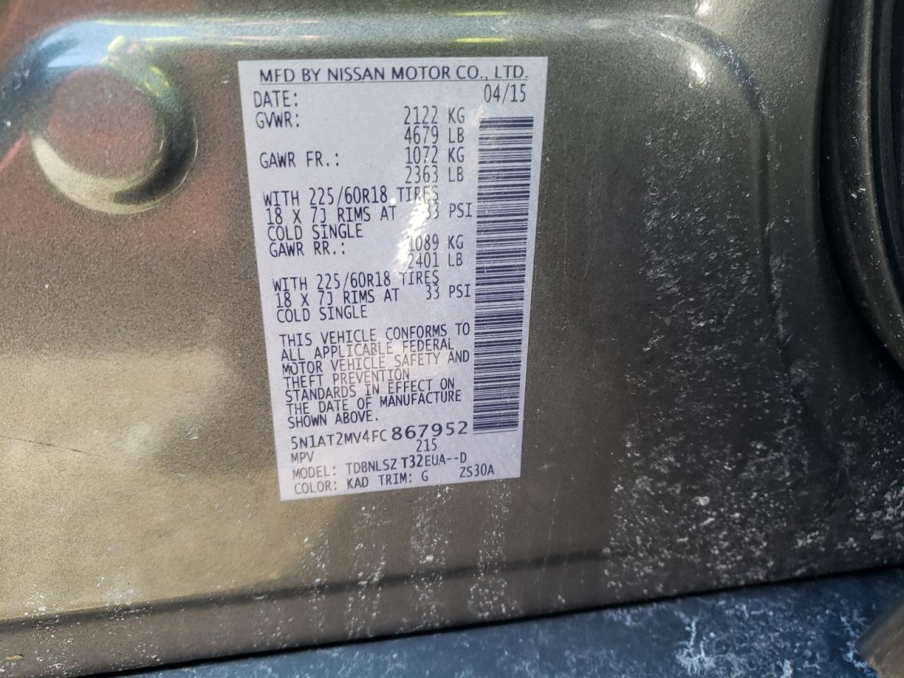 Photo 10 from auction – 2015 NISSAN ROGUE S with VIN 5N1AT2MV4FC867952
