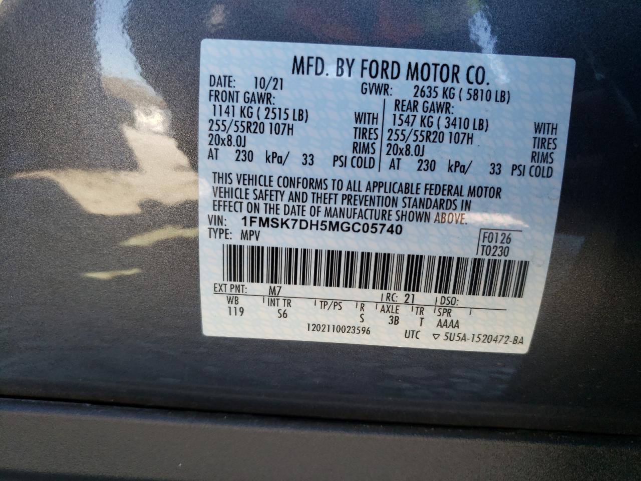 Photo 10 from auction – 2021 FORD EXPLORER X with VIN 1FMSK7DH5MGC05740