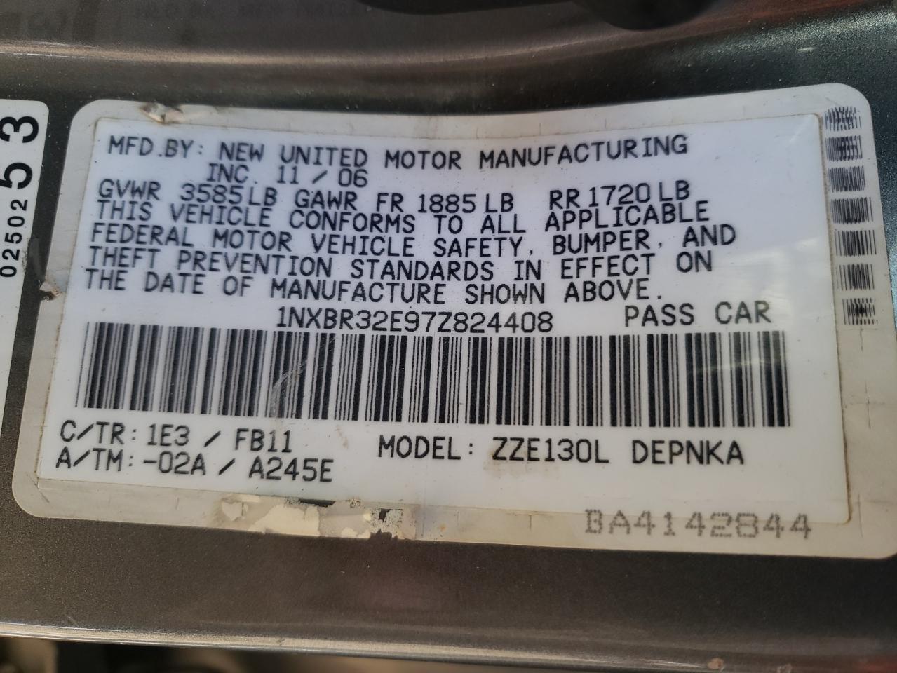 Photo 10 from auction – 2007 TOYOTA COROLLA CE with VIN 1NXBR32E97Z824408