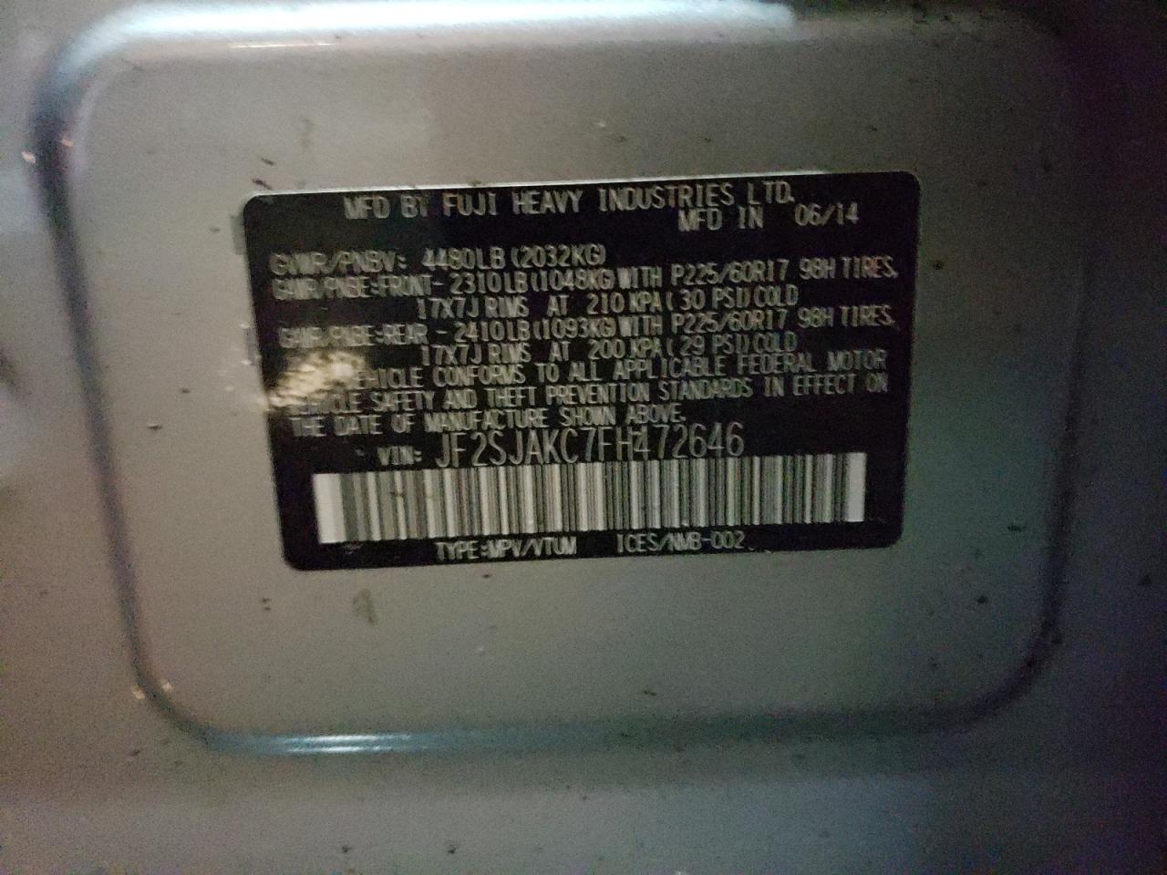 Photo 10 from auction – 2015 SUBARU FORESTER 2 with VIN JF2SJAKC7FH472646