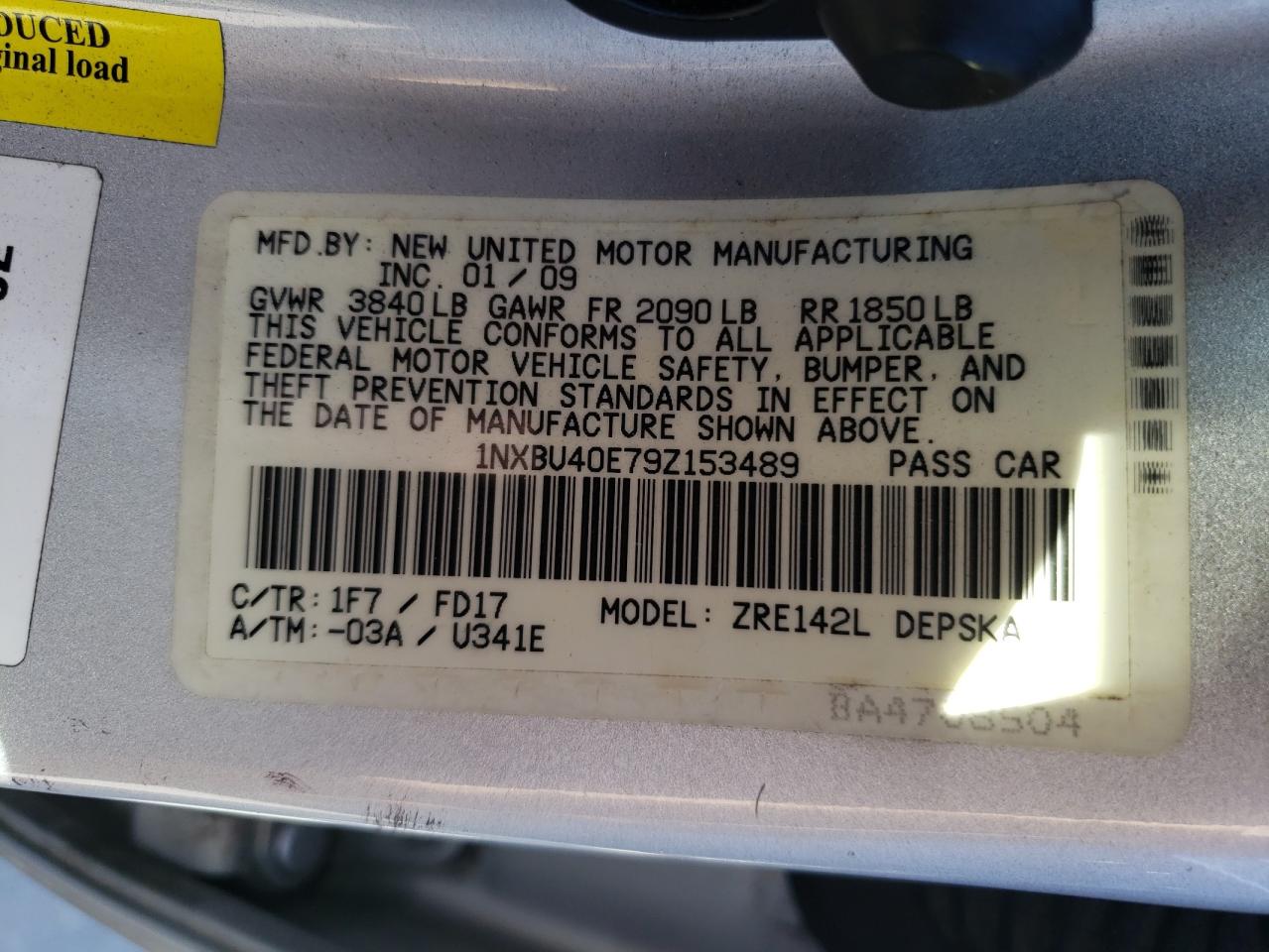 Photo 10 from auction – 2009 TOYOTA COROLLA BA with VIN 1NXBU40E79Z153489