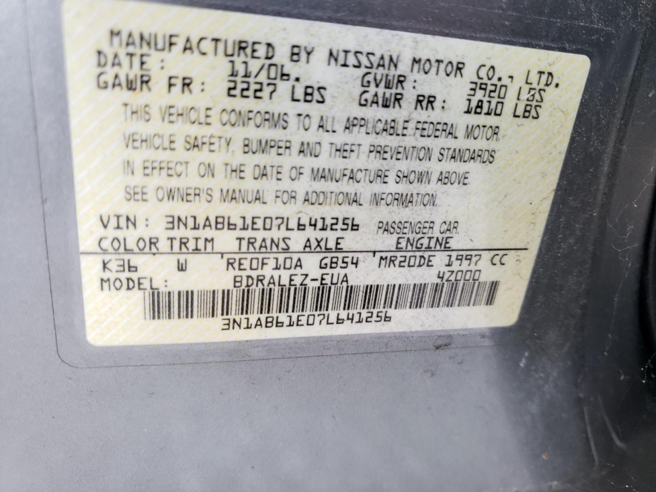 Photo 10 from auction – 2007 NISSAN SENTRA 2.0 with VIN 3N1AB61E07L641256