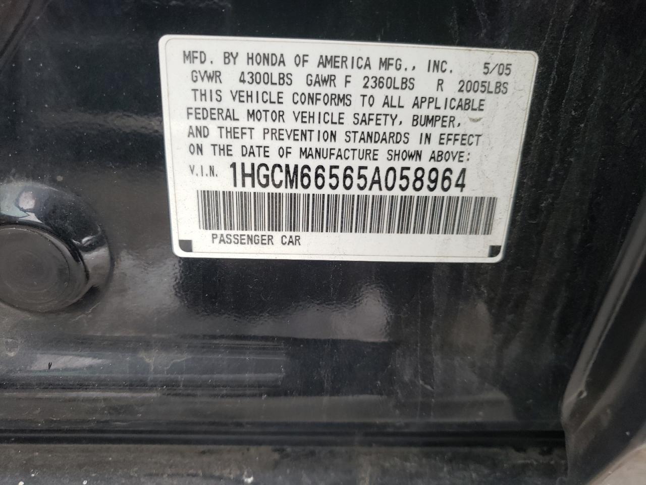 Photo 10 from auction – 2005 HONDA ACCORD EX with VIN 1HGCM66565A058964