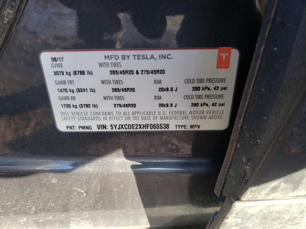 Photo 10 from auction – 2017 TESLA MODEL X with VIN 5YJXCDE2XHF065538