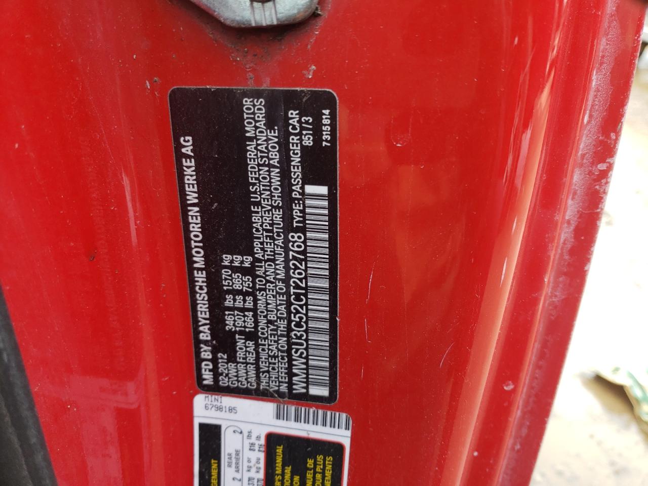 Photo 10 from auction – 2012 MINI COOPER with VIN WMWSU3C52CT262768