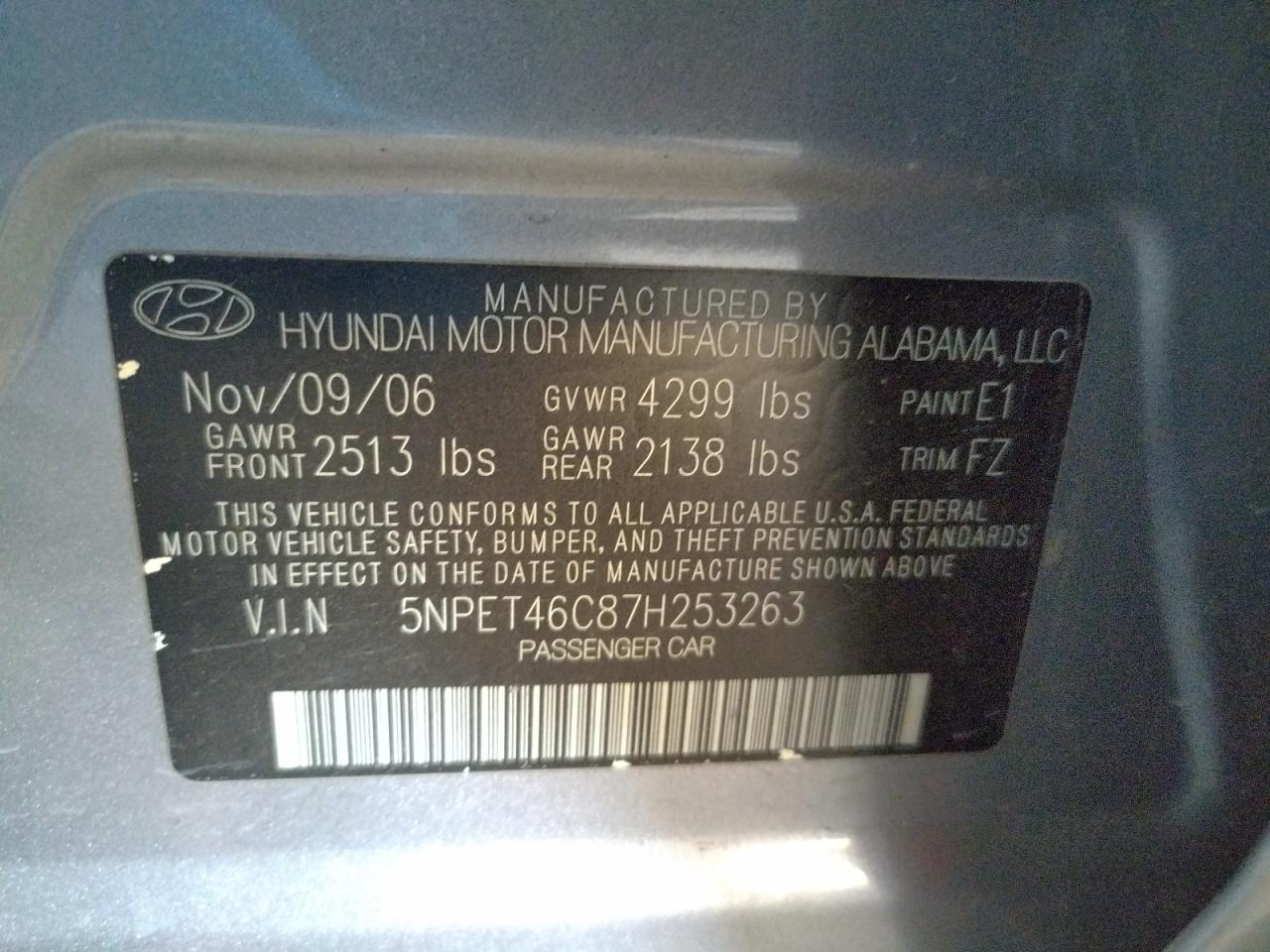 Photo 10 from auction – 2007 HYUNDAI SONATA GLS with VIN 5NPET46C87H253263