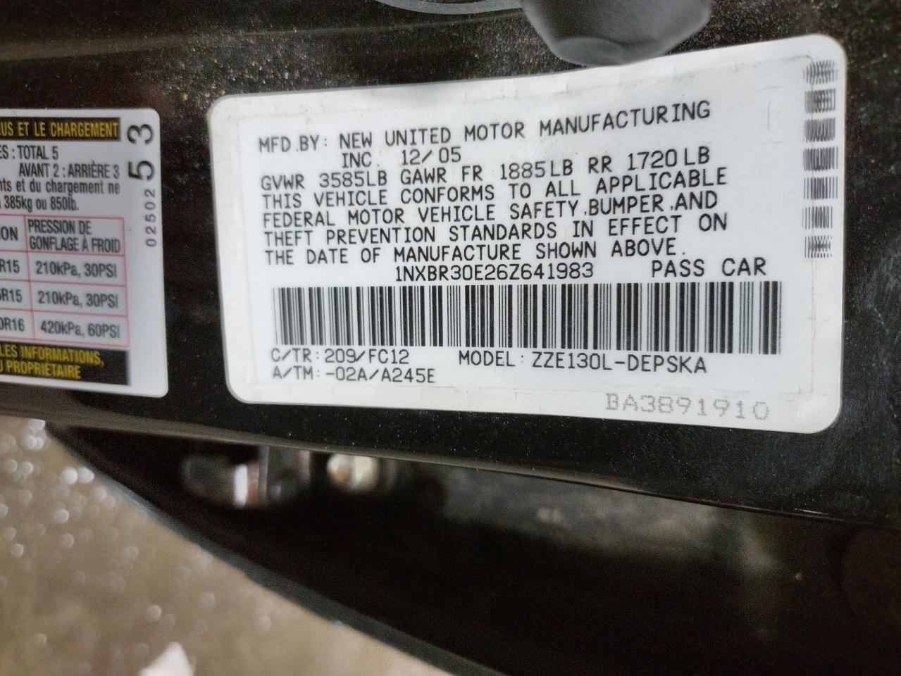 Photo 10 from auction – 2006 TOYOTA COROLLA CE with VIN 1NXBR30E26Z641983